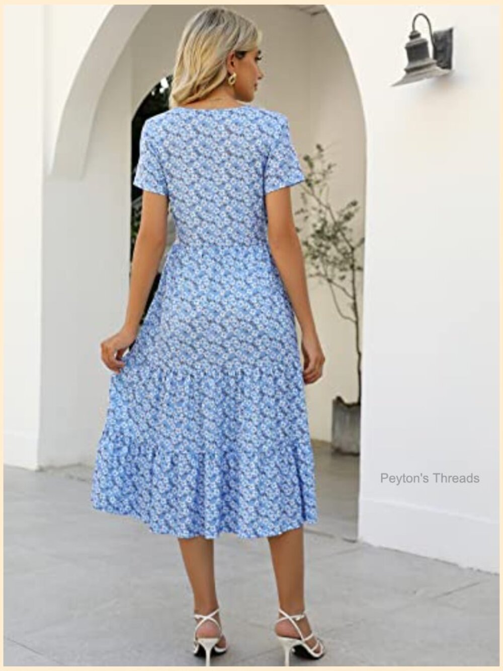 Tiered Midi Dress Short Sleeve Belted Ruffle Babydoll Boho Sundress with Pockets - Picture 2 of 7